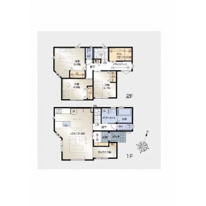 【間取り図】3LDK・ヌックとドライスペースのあるモダンな建物