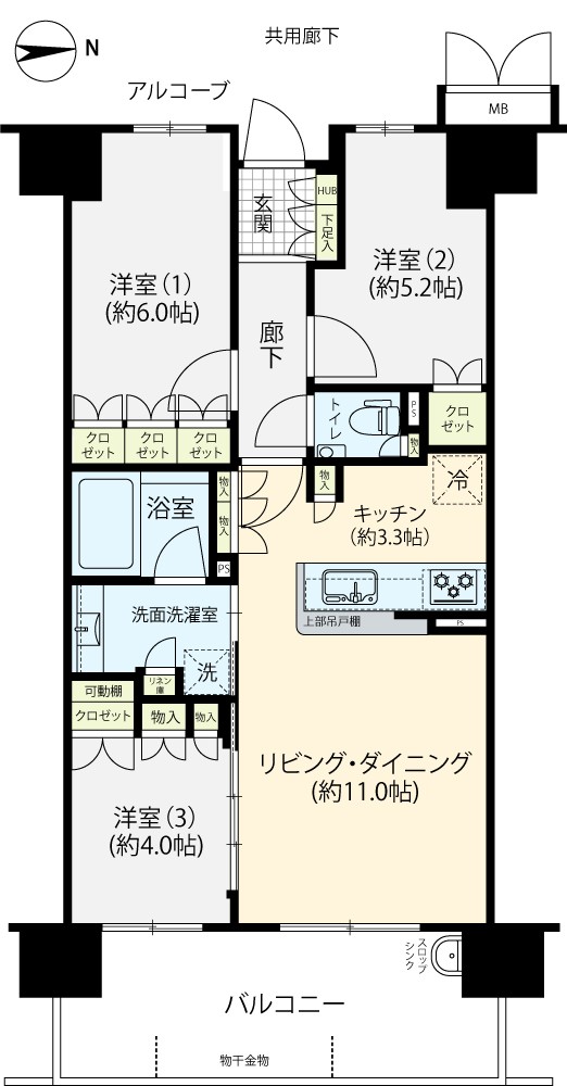 廊下が少ない居住空スペースを優先した無駄のない間取りです。アウトフレーム工法により柱がリビングを邪魔せず、圧迫感がありません。・二重床二重天井・LDに床暖房・ディスポーザー・アルコーブあり