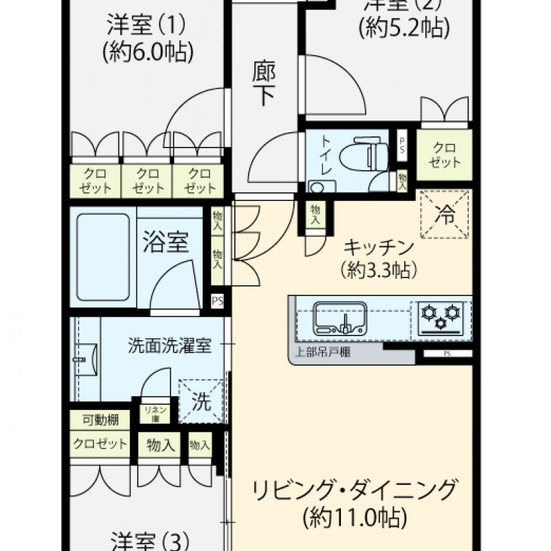 廊下が少ない居住空スペースを優先した無駄のない間取りです。アウトフレーム工法により柱がリビングを邪魔せず、圧迫感がありません。・二重床二重天井・LDに床暖房・ディスポーザー・アルコーブあり